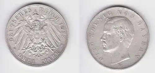 3 Mark Silbermünze Bayern König Otto 1912 Jäger 47 ss (150649)