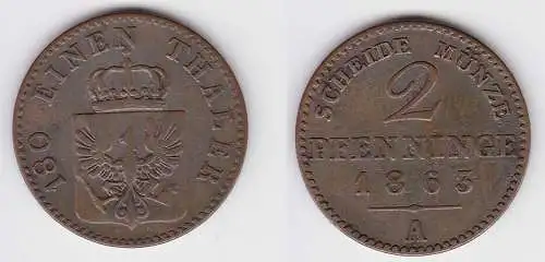 2 Pfennige Kupfer Münze Preussen 1863 A f.ss (150034)