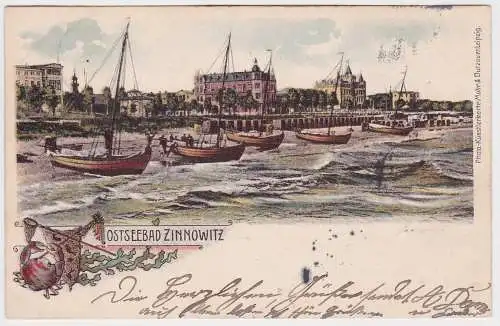 13968 Ak Lithographie Gruß aus Zinnowitz Strand mit Booten 1905
