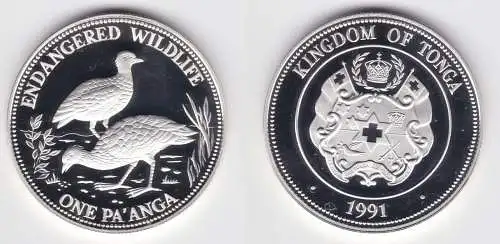 1 Pa´anga Silber Münze Tonga endangered Wildlife Vögel 1991 (151437)