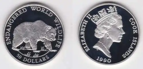 50 Dollar Silber Münze Cook Inseln 1990 bedrohte Tierwelt Grizzlybär (153052)