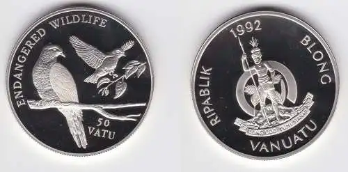 50 Vatu Silber Münze Vanuatu 1992 bedrohte Tierwelt Erdtauben PP (156154)