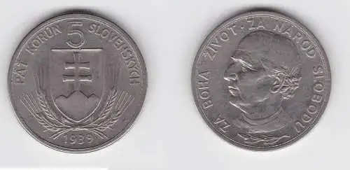 5 Kronen Nickel Münze Slowakei Andrej Hlinka 1939 ss+ (156235)