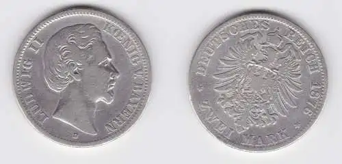2 Mark Silbermünze Bayern König Ludwig II 1876 Jäger 41 s/ss (150789)