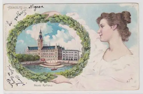 96184 Ak Hamburg - Frau hält Eichenkranz mit Abbildung Neues Rathaus 1900