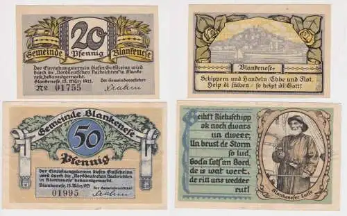 20 & 50 Pfennig Banknoten Notgeld Gemeindesparkasse Blankenese 1921 (141188)