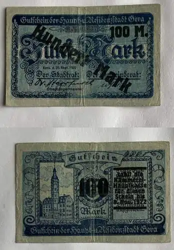 100 Mark Banknote1 Stadt Gera 25.09.1922 Überdruckausgabe (145500)