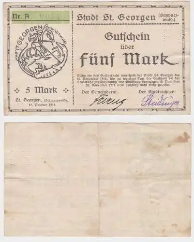 5 Mark Banknote Notgeld Stadt St.Georgen im Schwarzwald 20.11.1918 (149418)