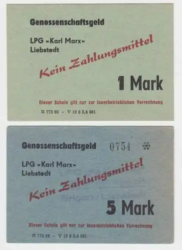 1 & 5 Mark Banknoten DDR LPG "Karl Marx" Liebstedt 1968 (141612)