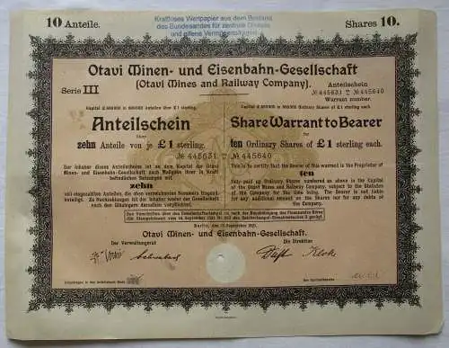 1 Pfund 10 Aktien Otavi Minen-& Eisenbahn-Gesellschaft Berlin 12.9.1921 (157024)
