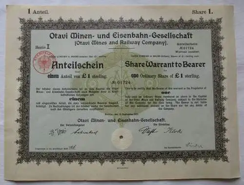 1 Pfund Aktie Otavi Minen-& Eisenbahn-Gesellschaft Berlin 12.9.1921 (156677)