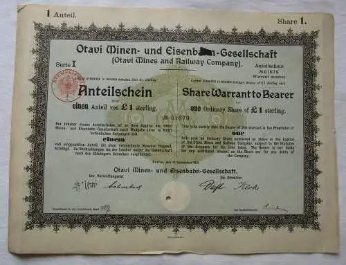 1 Pfund Aktie Otavi Minen-& Eisenbahn-Gesellschaft Berlin 12.9.1921 (157020)