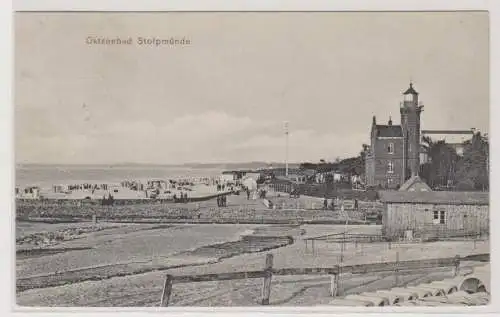 89959 Ak Ostseebad Stolpmünde (Ustka) Strandansicht mit Leuchtturm 1913