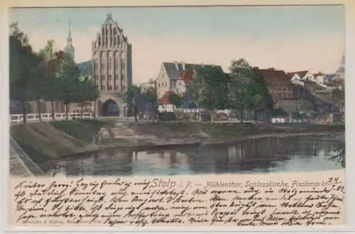 01038 Ak Stolp in Pommern Mühlenthor, Schloßkirche, Fischmarkt 1901