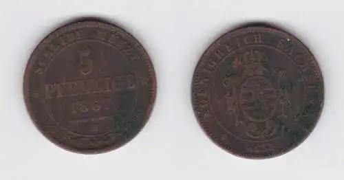 5 Pfennige Bronze Münze Sachsen 1867 B ss (149183)