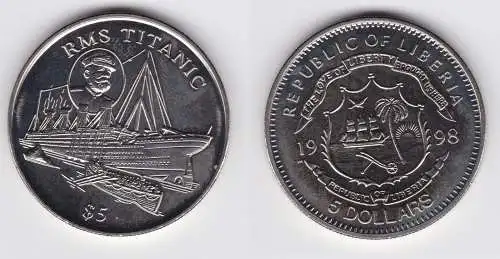 5 Dollar Nickel Münze Liberia 1998 RMS Titanic Stempelglanz (124983)