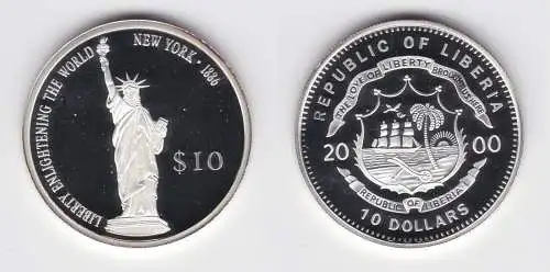 10 Dollar Silber Münze Liberia 2000 Freiheitsstatue New York PP (123805)