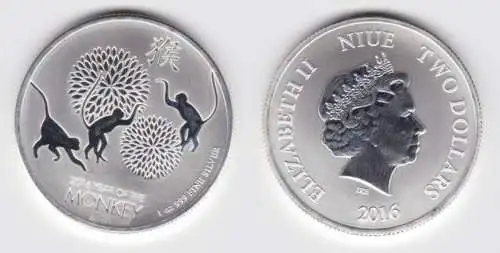 2 Dollar Silber Münze Niue 2016 Affen 1 Unze Feinsilber (123708)