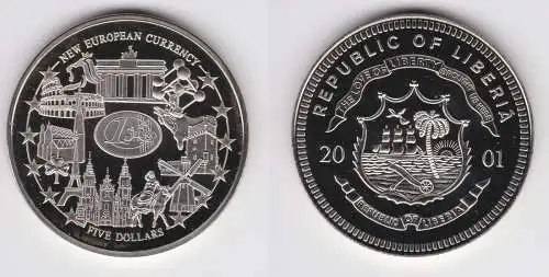 5 Dollar Nickel Münze Liberia 2001 Einführung Euro, Wahrzeichen der EU (127035)