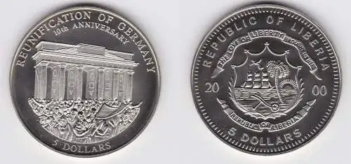 5 Dollar Nickel Münze Liberia 2000 Mauerfall 10 Jahre Wiedervereinigung (129817)
