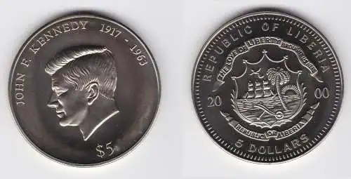 5 Dollar Nickel Münze Liberia 2000 John F.Kennedy Stgl. (128745)