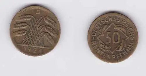 50 Rentenpfennig Messing Münze Weimarer Republik 1924 D Jäger 310 (127208)