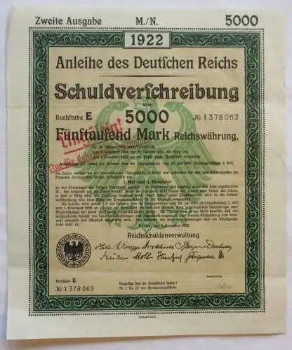 5000 Mark Aktie Schuldenverschreibung deutsches Reich Berlin 01.12.1922 (144279)