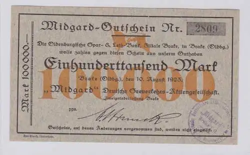 100000 Mark Banknote Brake (Oldenburg) "Widgard" 10.8.1923 (126388)