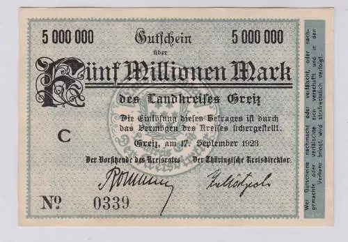 5 Millionen Mark Banknote Inflation Landkreis Greiz 17.9.1923 (126564)