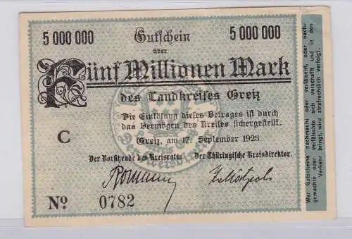 5 Millionen Mark Banknote Inflation Landkreis Greiz 17.9.1923 (126147)