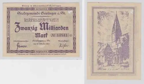 20 Milliarden Mark Banknote Inflation Notgeld Stadt Geislingen 1923 (137880)