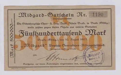 500000 Mark Banknote Brake (Oldenburg) "Widgard" 10.8.1923 (126390)