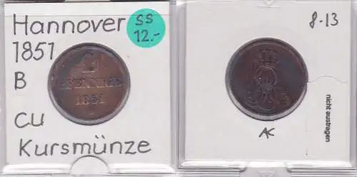 2 Pfennig Kupfer Münze Hannover 1851 B (121097)