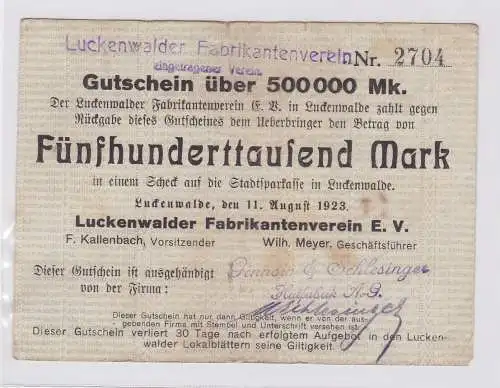 500000 Mark Banknote Luckenwalder Fabkrikantenverein e.V. 11.8.1923 (122077)