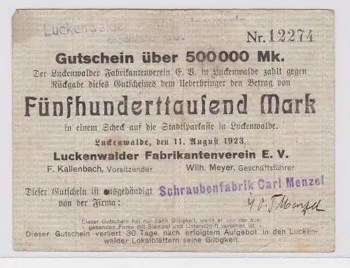 500000 Mark Banknote Luckenwalder Fabkrikantenverein e.V. 11.8.1923 (122058)