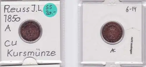1 Pfennig Kupfer Münze Reuss-Schleiz Jüngere Linie 1850 A (120945)