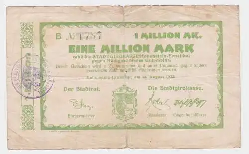 1 Million Mark Banknote Stadtgirokasse Hohenstein Ernstthal 13.08.1923 (122263)