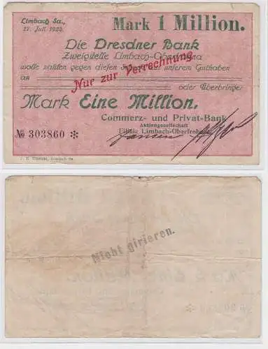 1 Million Mark Banknote Dresdner Bank Limbach 27.7.1923 (121613)