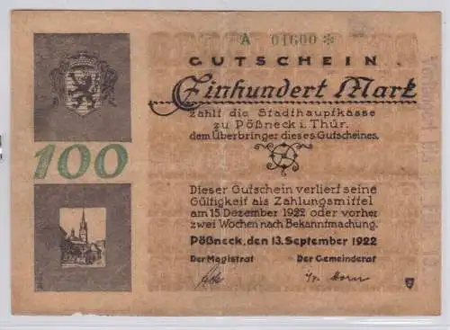 100 Mark Banknote Stadthauptkasse Pössneck 13.09.1923 (131599)