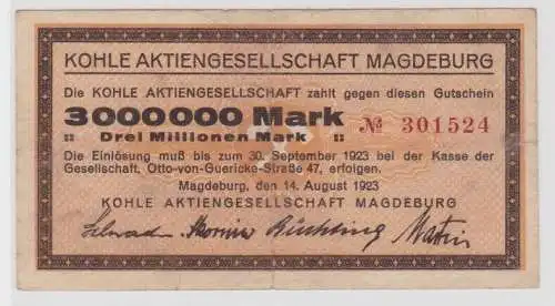 3 Millionen Mark Banknote Kohle AG Magdeburg 14.8.1923 (130453)