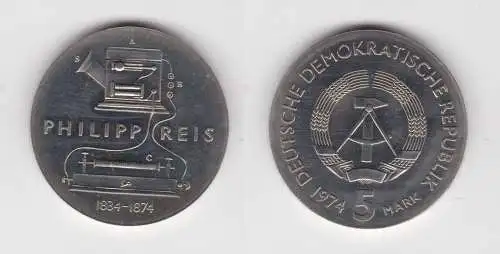 DDR Gedenk Münze 5 Mark Philipp Reis 1974 Stempelglanz (136831)