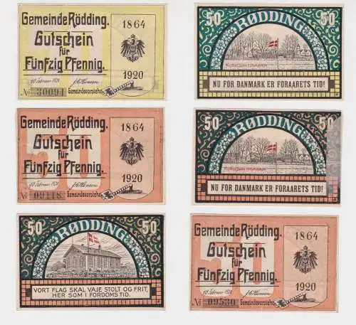 3x 50 Pfennig Banknoten Notgeld Gemeinde Rödding Rødding 10. Feb. 1920 (137532)
