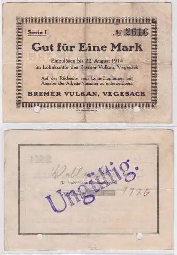 1 Mark Banknote Lohnschecks Bremer Vulkan Werft Vegesack 22.8.1914 (121181)