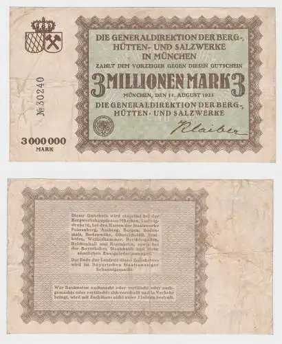 3 Millionen Mark Banknote Berg-, Hütten- & Salzwerke München 1923 (121268)