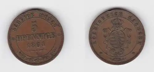 5 Pfennig Kupfer Münze Sachsen 1864 B ss (124476)