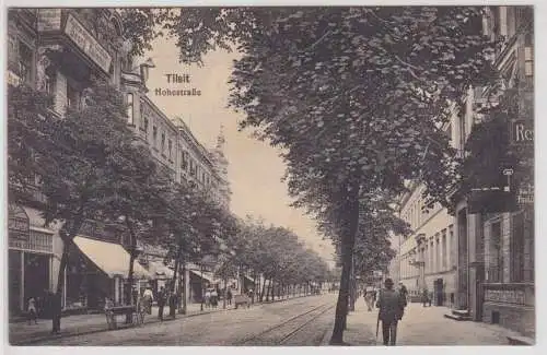 98805 Ak Tilsit Hohestraße - Allee mit Bäumen und Geschäften um 1910