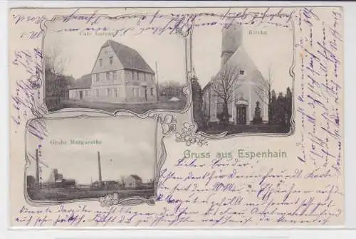 80941 Mehrbild Ak Gruß aus Espenhain Grube Margarethe, Kirche, Café Lorenz 1905