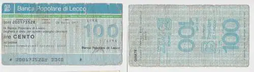 100 Lire Banknote Italien Italia Banca Popolare di Lecco 28.3.1977 (152351)