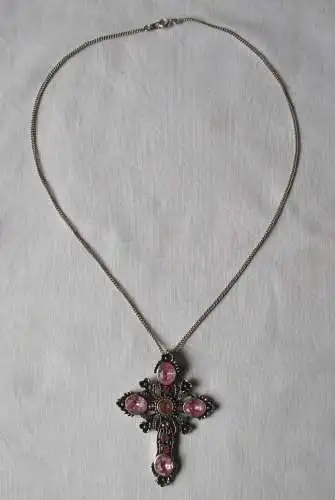 Elegante Halskette mit Kruzifix Kreuz Anhänger silberfarben rosa Steine (145533)