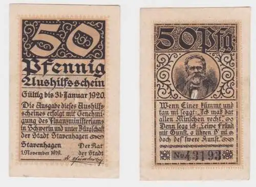 50 Pfennig Banknoten Notgeld Stadt Stavenhagen 31.1.1920 (140757)
